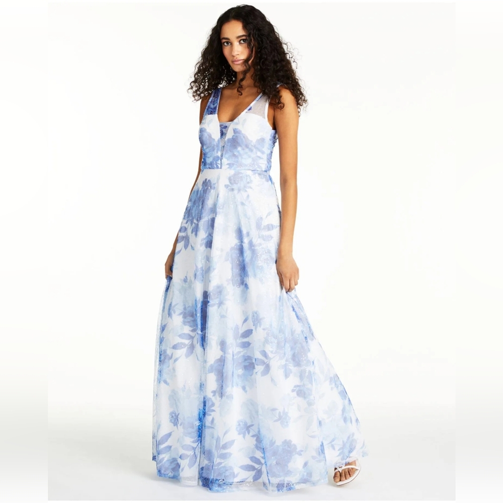 TRIXXI Womens White Sequined Floral Sleeveless V Neck Full-Length Prom Fit